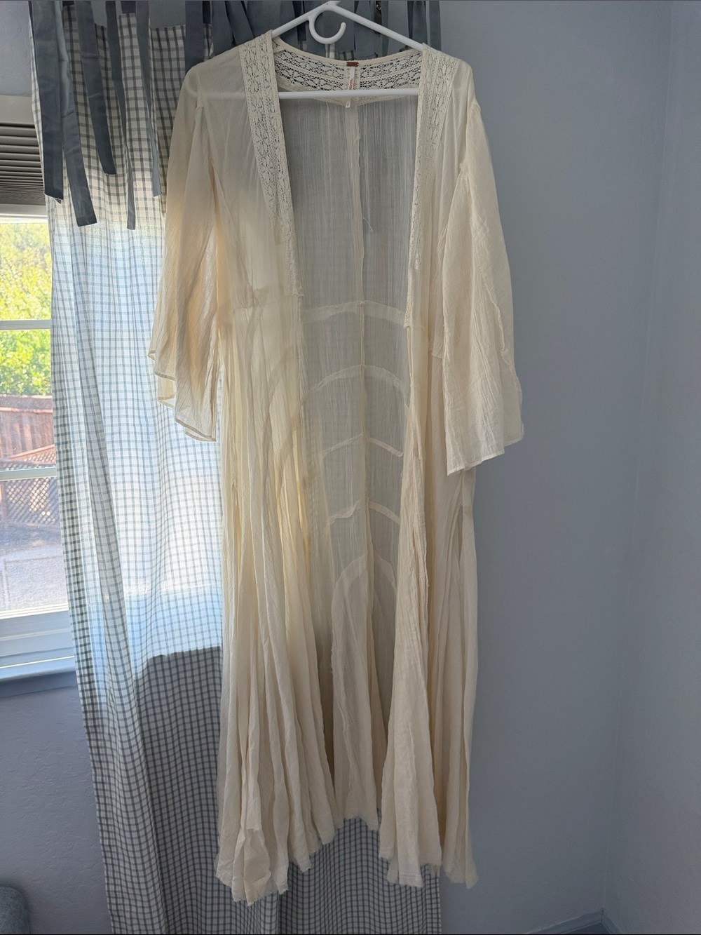 Free People Ivory Sheer Lace-Trim Long Kimono Robe